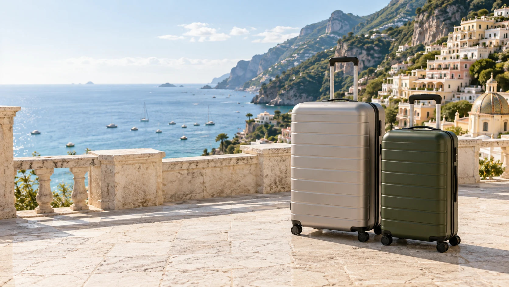 Brand lifestyle illustration of luggage on a sunlit terrace overlooking the coast.